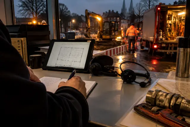 Vorbereiteter Arbeitsplatz zur telefonischen Annahme eines Rohrnotdiensteinsatzes in Bremen