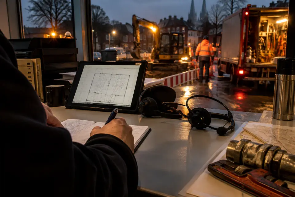 Vorbereiteter Arbeitsplatz zur telefonischen Annahme eines Rohrnotdiensteinsatzes in Bremen